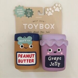 NEW Dog Toys 2 Squeaky Latex “Nuts About This Jam” PB & Jelly Jars | Fringe
